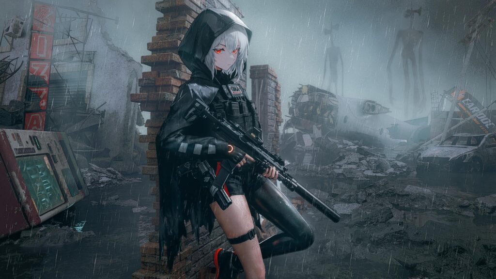 Anime Girl Warrior in Post Apocalyptic Rain Cityscape 4K PC Wallpaper