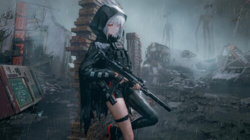 Anime Girl Warrior in Post Apocalyptic Rain Cityscape 4K PC Wallpaper