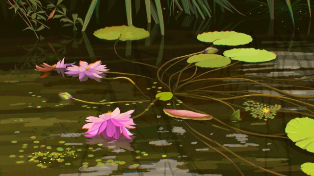 Serene Pink Water Lilies in a Dark Pond Artistic Desktop Wallpaper