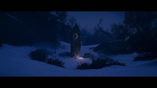 Mystical Ancient Stone Monolith in Snowy Night Forest 4K Wallpaper