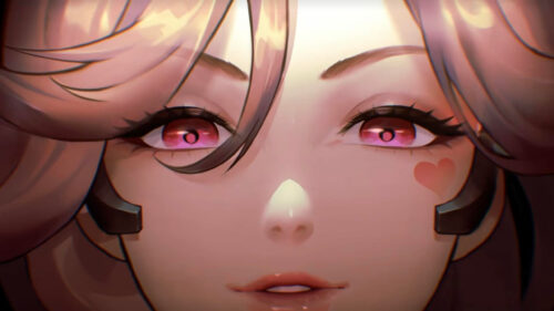 Close-up Anime Girl with Pink Eyes and Heart Mark Aesthetic 4K Wallpaper