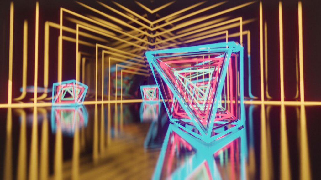 Abstract Neon Geometric 3D Tunnel and Floating Prisms PC Wallpaper