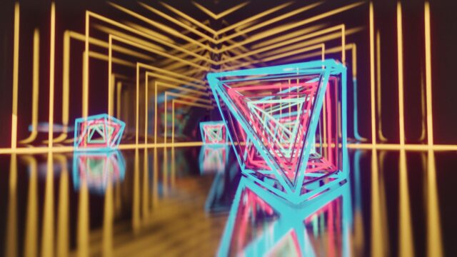 Abstract Neon Geometric 3D Tunnel and Floating Prisms PC Wallpaper