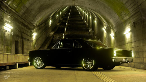 Black Muscle Car Inside Underground Tunnel Neon Lighting 4K Wallpaper