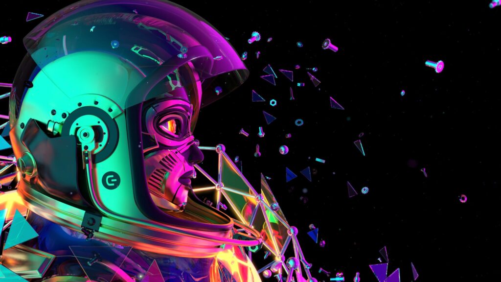 Futuristic Neon Astronaut Cyborg in Space 4K PC Wallpaper