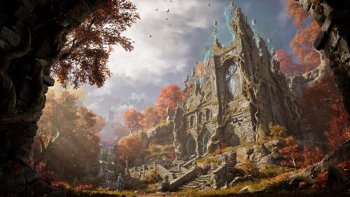 Enchanted Autumn Fantasy Castle with Magic Floating Stones 4K Wallpaper