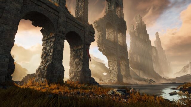 Epic Fantasy Ruined Stone Arches and Lone Knight Desktop Wallpaper