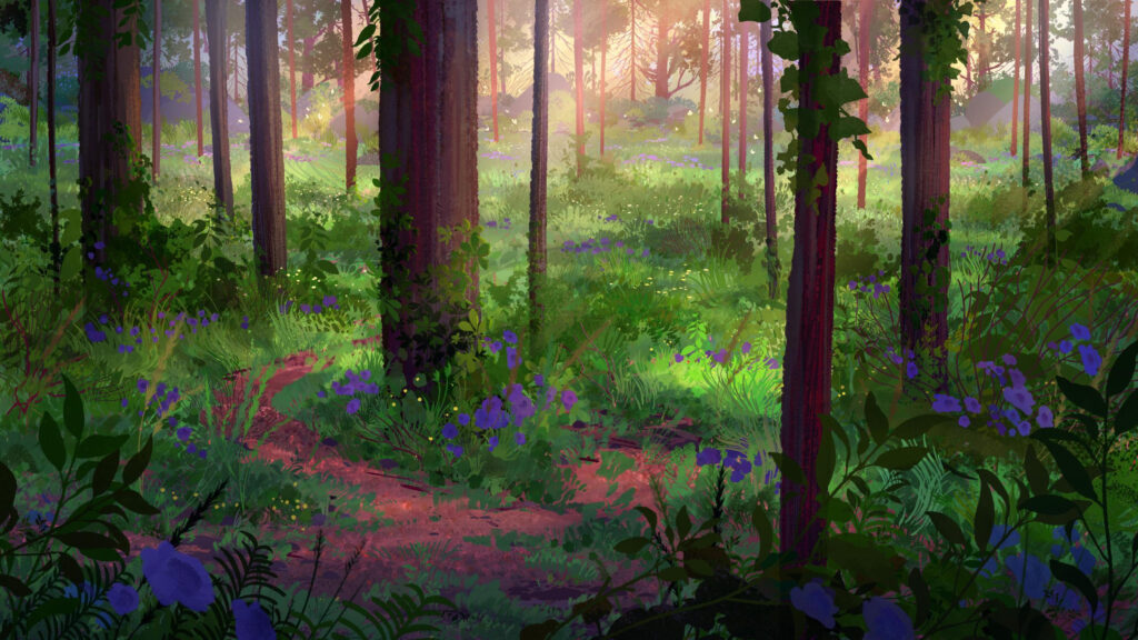Enchanted Forest Sunlight and Purple Flowers Scenic Desktop Wallpaper