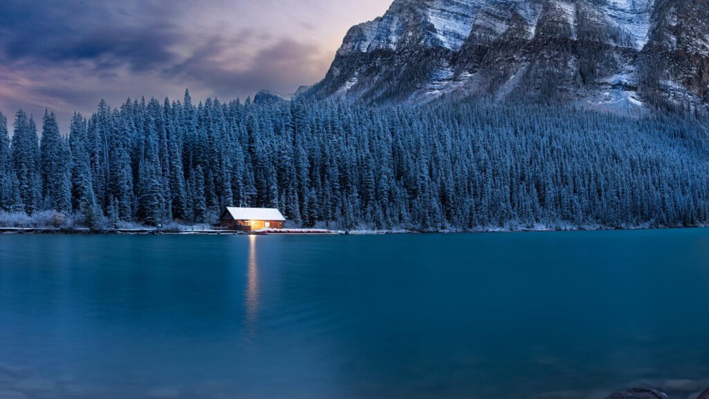 Serene Cabin by Lake Louise Winter Mountain Landscape PC Wallpaper