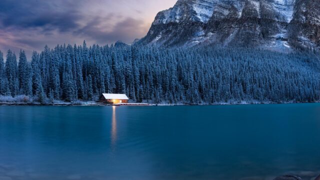 Serene Cabin by Lake Louise Winter Mountain Landscape PC Wallpaper