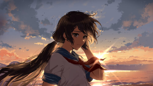 Sad Anime Girl Crying at Sunset Over Ocean 4K PC Wallpaper