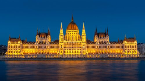 Stunning Hungarian Parliament Building Illuminated at Twilight Desktop Wallpaper