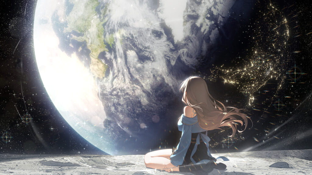 Anime Girl Sitting on the Moon Watching Earth Space View 4K Wallpaper