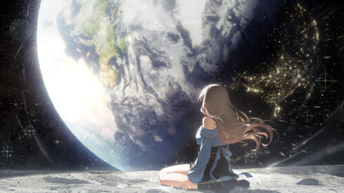 Anime Girl Sitting on the Moon Watching Earth Space View 4K Wallpaper
