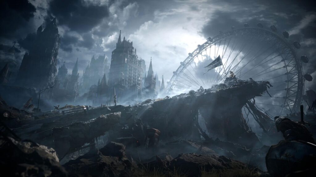 Post Apocalyptic Ruined Cityscape with Fallen Ferris Wheel PC Wallpaper