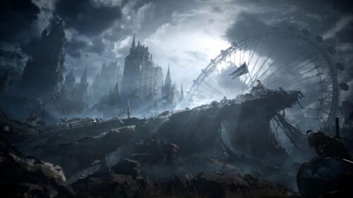 Post Apocalyptic Ruined Cityscape with Fallen Ferris Wheel PC Wallpaper