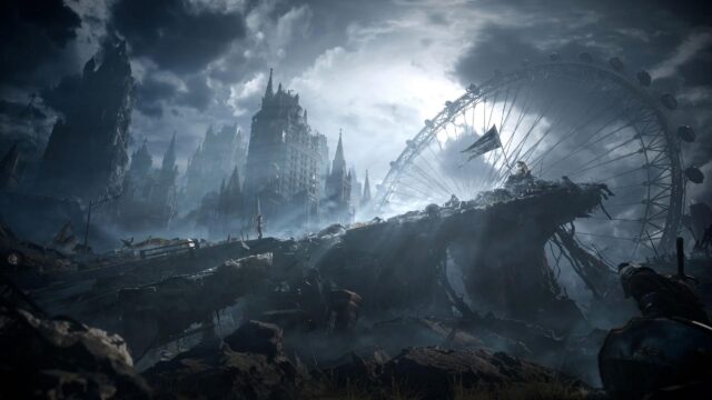 Post Apocalyptic Ruined Cityscape with Fallen Ferris Wheel PC Wallpaper