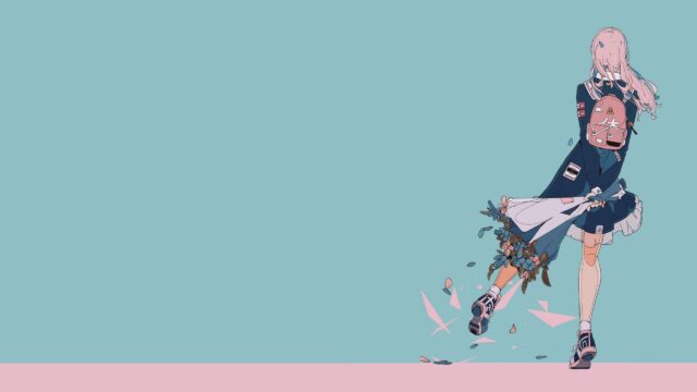 Minimalist Anime Girl with Pink Hair and Floral Bouquet PC Wallpaper