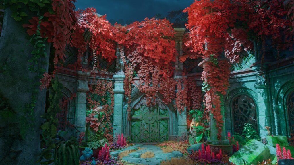 Mystical Ancient Ruins With Vibrant Red Autumn Foliage PC Wallpaper