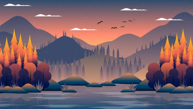 Minimalist Sunset Mountain Landscape with Reflective Lake Desktop Wallpaper
