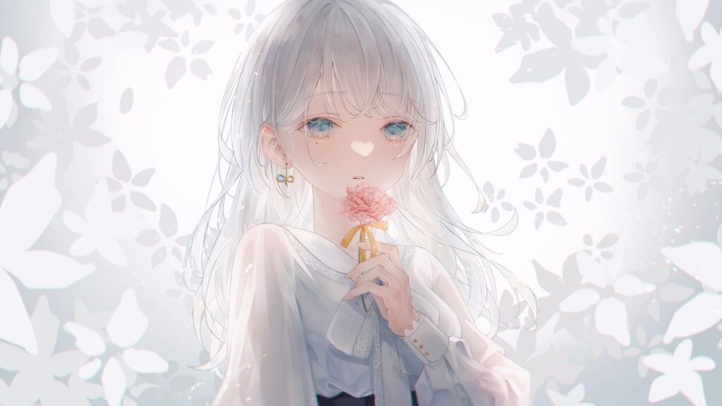 Anime Girl with White Hair and Pink Flower Aesthetic PC Wallpaper