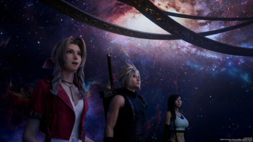 Final Fantasy VII Rebirth Cloud Aerith and Tifa Under Cosmic Sky 4K Wallpaper