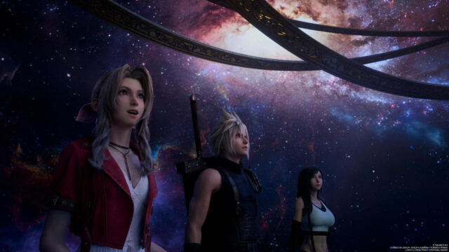 Final Fantasy VII Rebirth Cloud Aerith and Tifa Under Cosmic Sky 4K Wallpaper