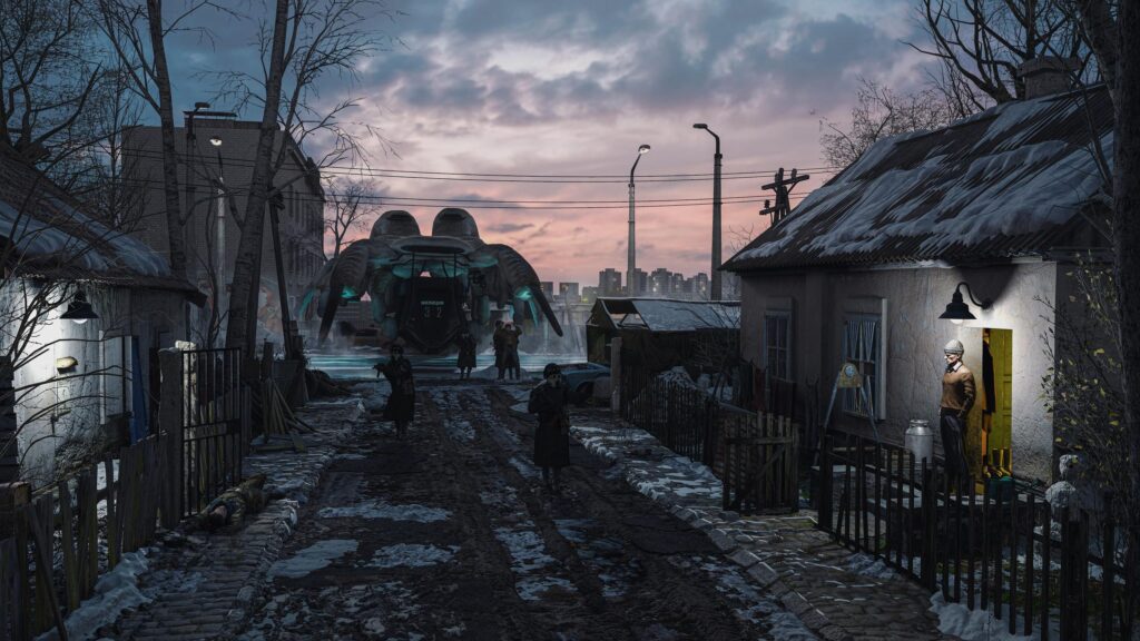 Post Apocalyptic Russian Village with Sci Fi Mech 4K PC Wallpaper