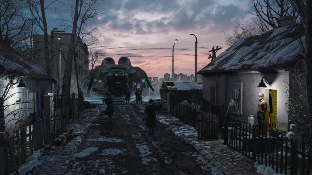 Post Apocalyptic Russian Village with Sci Fi Mech 4K PC Wallpaper