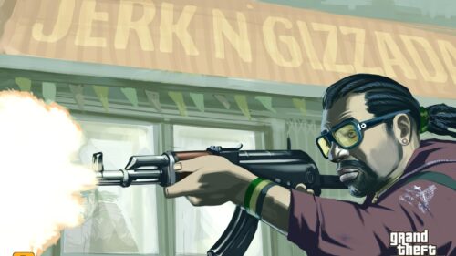 Grand Theft Auto Character Firing Rifle Action 4K PC Wallpaper