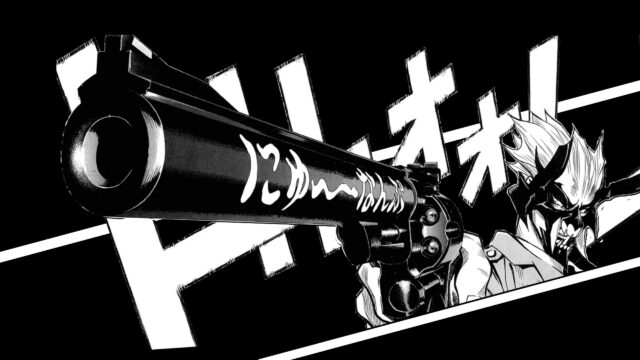 Intense Manga Character Aiming Gun Black and White Aesthetic PC Wallpaper