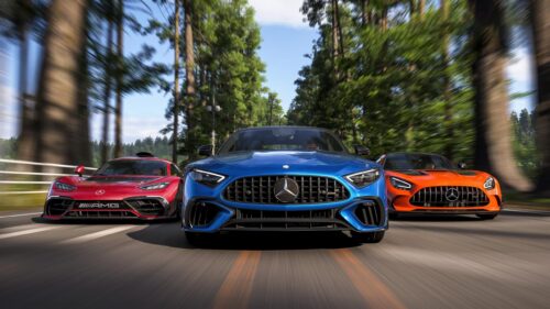 Mercedes AMG Sports Cars Racing Through Forest Road Desktop Wallpaper