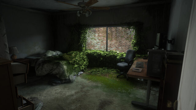 Post-Apocalyptic Abandoned Bedroom Overgrown with Nature 4K Desktop Wallpaper