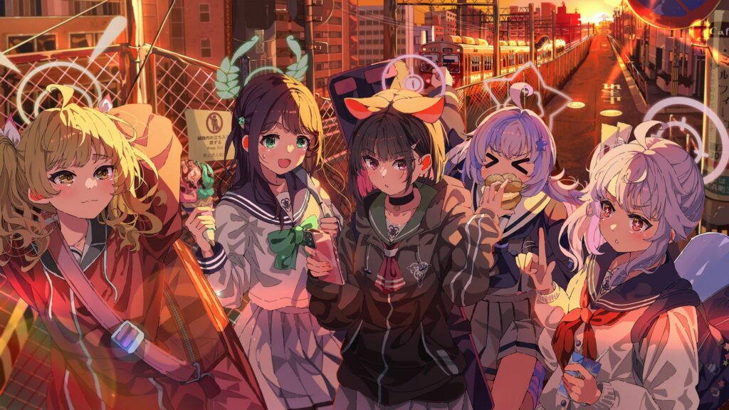 Anime Girls Group Hangout at Sunset Urban Train Station PC Wallpaper