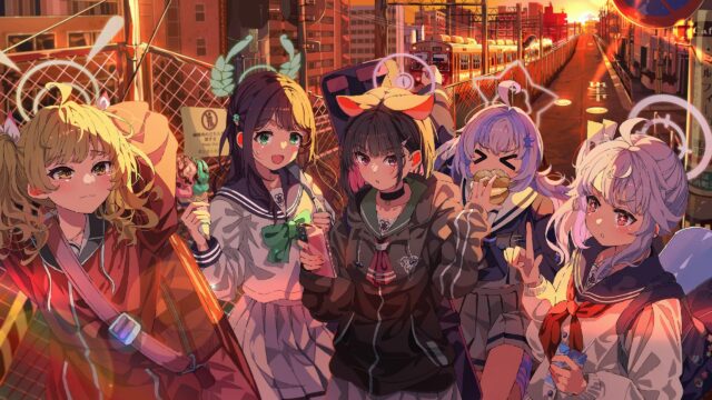 Anime Girls Group Hangout at Sunset Urban Train Station PC Wallpaper