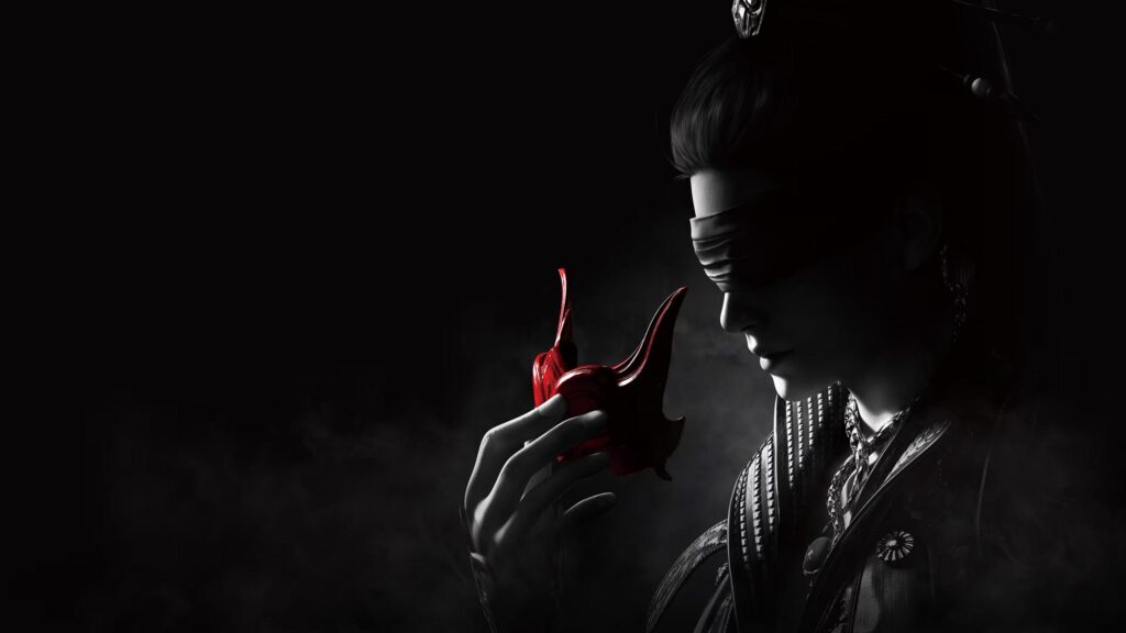 Blindfolded Warrior with Red Oni Mask Dark Aesthetic 4K Wallpaper