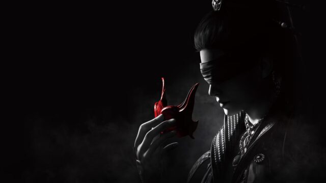 Blindfolded Warrior with Red Oni Mask Dark Aesthetic 4K Wallpaper