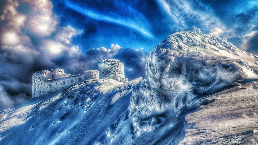 Frozen Snowy Mountain Peak Observatory Desktop Wallpaper
