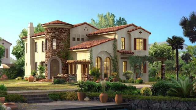 Beautiful Mediterranean Villa with Stone Tower and Lush Garden 4K Wallpaper