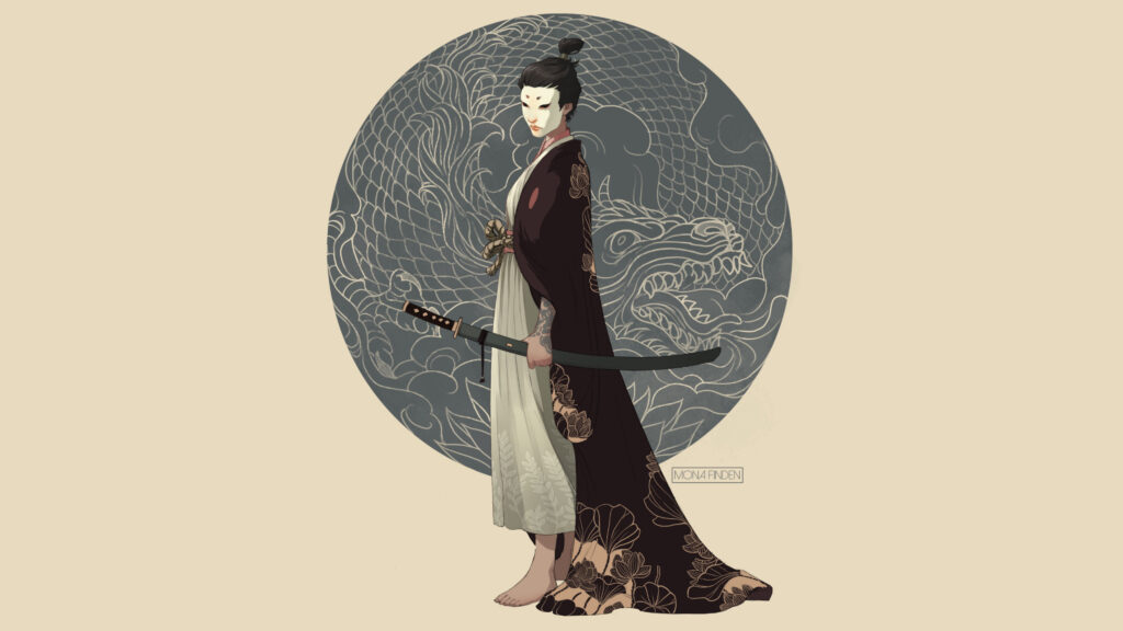 Samurai Woman with Traditional Dragon Background 4K Wallpaper