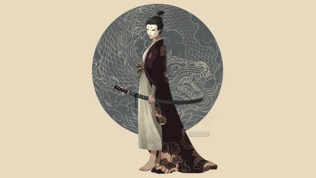 Samurai Woman with Traditional Dragon Background 4K Wallpaper