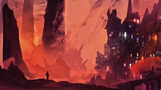 Mysterious Traveler Standing Before a Burning Ruined Castle Desktop Wallpaper