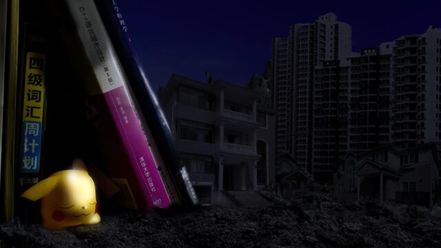 Sleepy Pikachu Beside Academic Books and Urban Skyline 4K Wallpaper