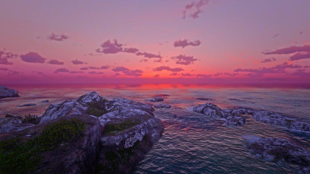 Stunning Pink Sunset Over Rocky Ocean Shore Desktop Wallpaper