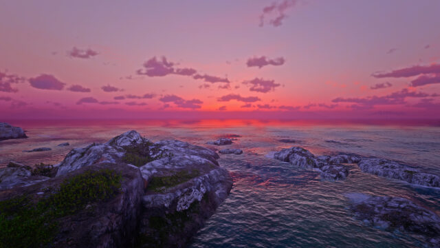 Stunning Pink Sunset Over Rocky Ocean Shore Desktop Wallpaper