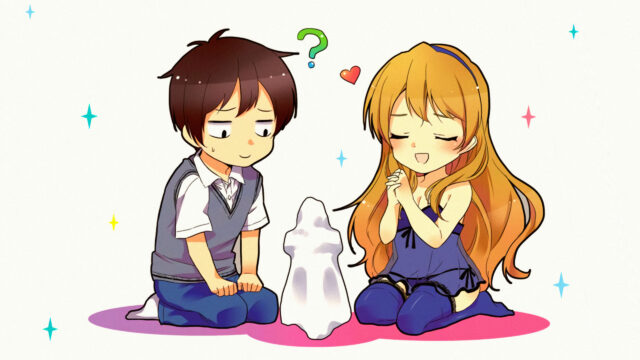 Cute Anime Chibi Boy and Girl with Ghost Ornament 4K Wallpaper