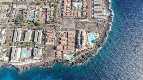 Aerial View of Coastal Mediterranean Resort Town Desktop Wallpaper