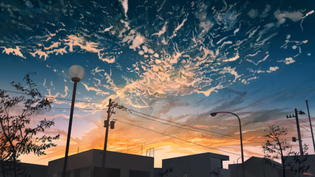 Stunning Anime Sunset Sky Over Cityscape 4K Desktop Wallpaper