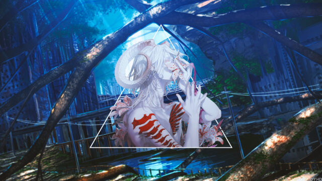 Ethereal Demon Boy with White Horns and Floral Tattoos Anime PC Wallpaper