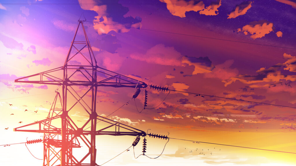 Stunning Anime Style Sunset with Power Transmission Tower 4K Wallpaper